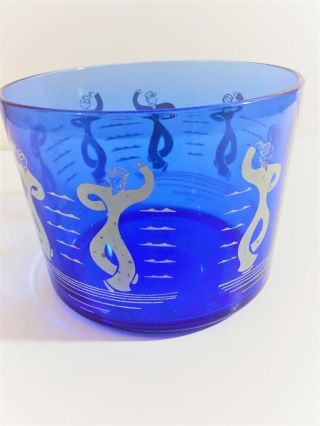 Vintage 1938 Hazel Atlas Glass Co Cobalt Blue Ice Bucket Dancing Sailors Barware