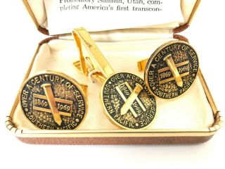Vintage Southern Pacific Commemorative 100 Anniversary Tie Bar And Cuff Links