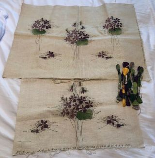 Vintage Set Of 3 Linen Violet Floral Pillow Tops To Embroider With Floss Needle