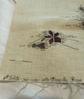 Vintage Set of 3 Linen Violet Floral Pillow Tops To Embroider with Floss Needle 5