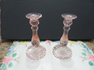 Vintage Pink Depression Glass Candlesticks Candlesticks Swirl Pattern