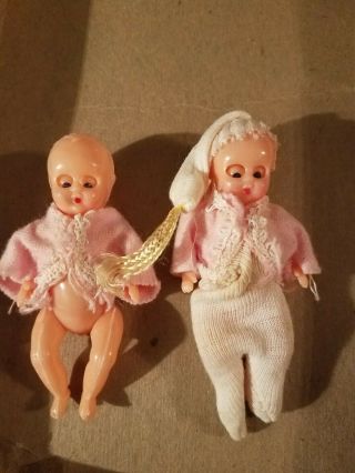 2 Vintage Dollhouse Miniature Tiny Baby Dolls In Pink Open Close Eyes
