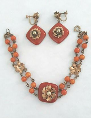 Vintage Set Cinnamon Bakelite Link Bracelet W/glass Beads And Dangle Earrings