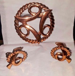 Gorgeous,  Art Deco Vintage Copper Geometric Brooch And Clip On Earrings