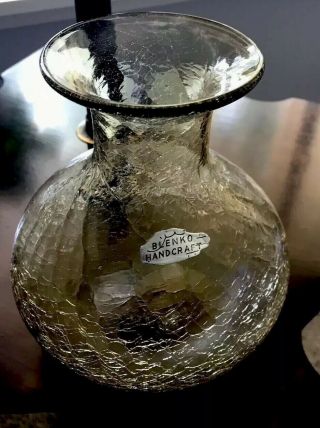 Vintage Blenko Crackle Glass Mcm Bulbous Vase Modern Smokey Amber