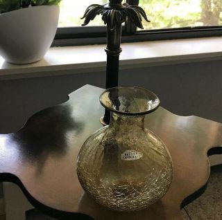 Vintage Blenko Crackle Glass MCM Bulbous Vase Modern Smokey Amber 2