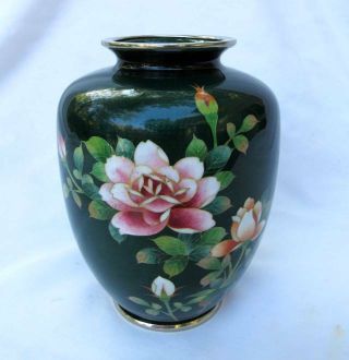 Vintage Japanese Wireless Cloisonne Enamel Emerald Green Roses Bamboo 6 " Vase