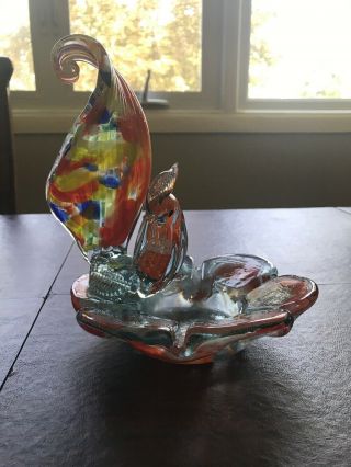 Vintage Murano Hand Blown Glass Ashtray With Bird