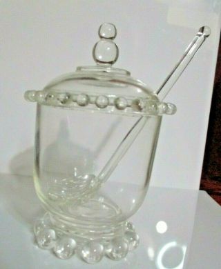 Vintage Imperial Candlewick Clear Glass Jelly Honey Mayo Jar With Lid & Spoon