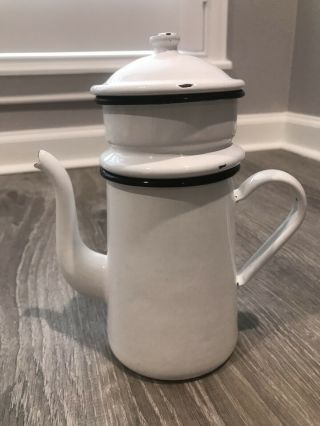 Vintage Enamel Drip Coffee Pot White And Black