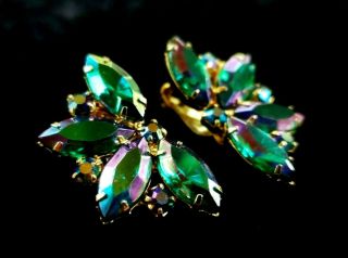 Vintage Gold Tone Peacock Aurora Borealis Marquise Rhinestone Clip Earrings 2