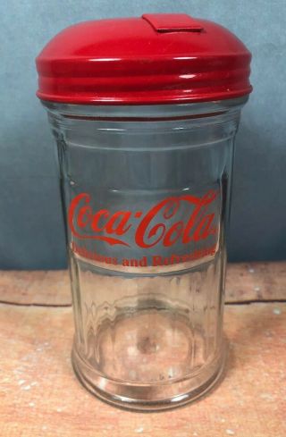Vintage 1992 Coca - Cola Glass Sugar Shaker Jar Red Metal Lid Restaurant Style 16k