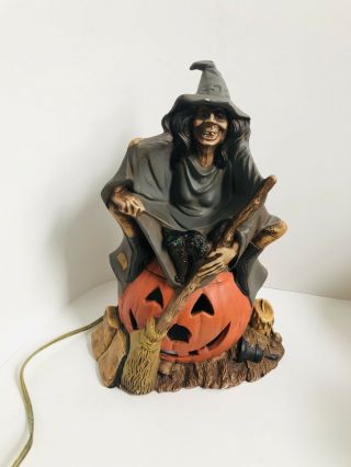 Vintage Ceramic 1970s Halloween Witch With Cat Light Pumpkin Jack O Lantern Lamp