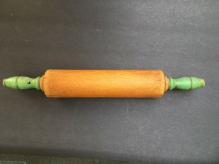 Vintage Maple Rolling Pin With Green Turned Handles 17 "