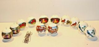 12 Vintage Christmas Ornaments White Plastic Wrapped Pictures City Bell Cardinal