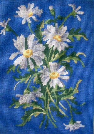 Vintage Completed Cotton Needlepoint Tapestry White Flowers On Blue 12.  8 " X8.  8 "