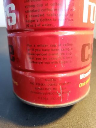 Vintage Folger ' s Coffee Can Tin 16 OZ Regular Grind 1 LB Mountain Grown 1963 4