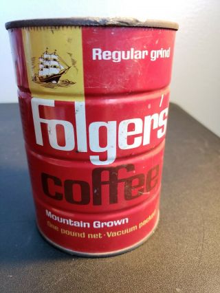 Vintage Folger ' s Coffee Can Tin 16 OZ Regular Grind 1 LB Mountain Grown 1963 5