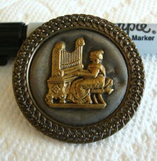 Antique Vintage Picture Button Lady Playing Organ 1 3/4 "
