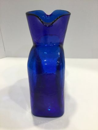 Vintage Blenko Double Spout Cobalt Blue Water Bottle. 4