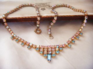 Vintage Jewellery Geometric Aquamarine Aurora Borealis Crystal Riviere Necklace