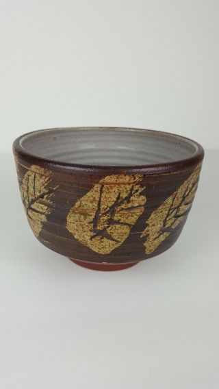 Vintage Stoneware Studio Pottery Bowl Fall Leaves Earth Tones Natural Signed