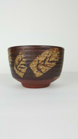 Vintage Stoneware Studio Pottery Bowl Fall Leaves Earth tones Natural SIGNED 2