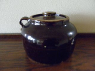 Vintage Bauer Pottery Plain Ware Brown Glaze 2 Bean Pot With Lid