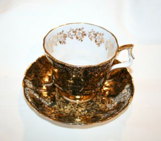 Vintage Windsor Bone China Tea Cup & Saucer Black & Gold Gilt Perfect