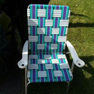 Vtg Aluminum Webbed Folding Lawn Beach Camp Patio Backyard Chair Cup Holders