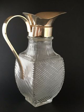 Vintage Large Heavy Ribbed Italy Glass Pitcher Carafe Davco Silver Plated 4