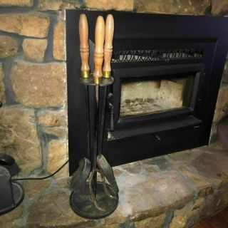 Vintage Mid Century Danish Modern Wrought Iron Brass Wood Fireplace Tools Set