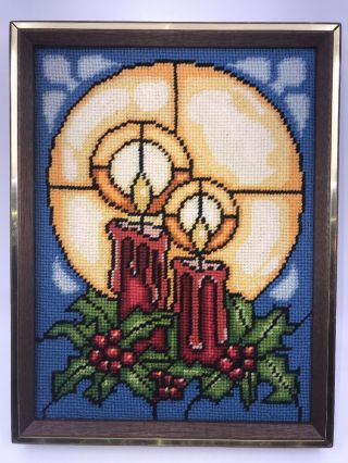 Vtg Christmas Candles Holly Completed Needlepoint Blue Red Yellow Framed 10 " X13 "