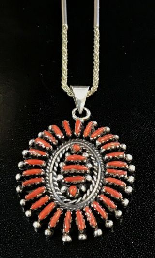 Vintage Native American Zuni Branch Coral 925 Sterling Pendant W/necklace Chain
