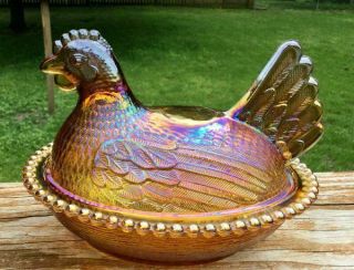 Vintage Gold Carnival Indiana Glass Hen Nest Chicken Covered Dish Beaded