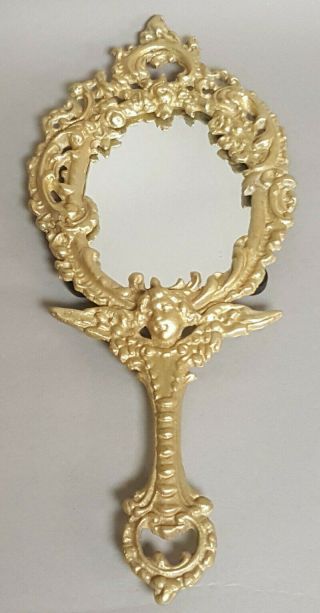 Vintage Brass Ladies Hand Mirror With Winged Cherub