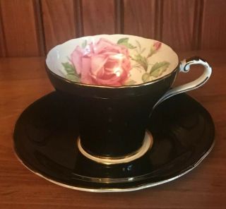 Vintage Aynsley England Teacup And Saucer Red Rose Black 3”h X 5”w
