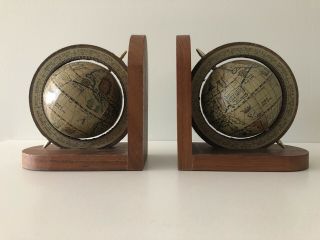 Vintage Pair Small Timber Globe Bookends Spinning Map Wooden Mid Century Decor