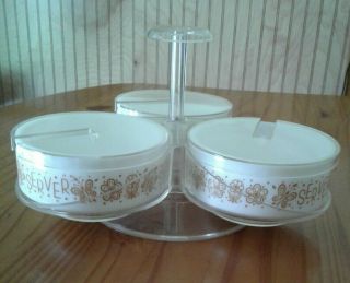 Vintage Pyrex Gemco Butterfly Gold Condiment Server Lazy Susan With Lids Euc