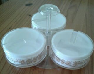 Vintage Pyrex Gemco Butterfly Gold Condiment Server Lazy Susan With Lids EUC 2