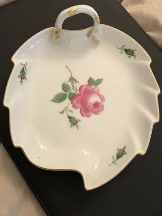 Vintage Meissen Handpainted Pink Rose Leaf Shape Large Candy Dish W Handle Bowl