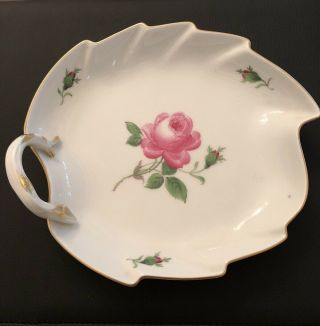 Vintage Meissen Handpainted Pink Rose Leaf Shape Large Candy Dish w Handle Bowl 4