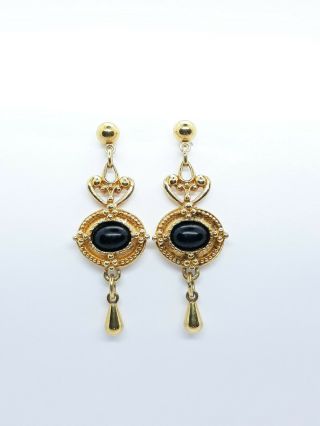 Vintage Avon Post Drop Earrings For Women Gold Tone Black Onyx 4cm Long
