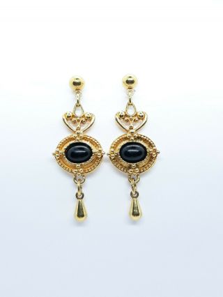 Vintage Avon Post Drop Earrings for Women Gold Tone Black Onyx 4cm long 3