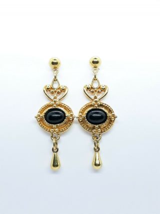 Vintage Avon Post Drop Earrings for Women Gold Tone Black Onyx 4cm long 4