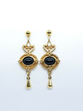 Vintage Avon Post Drop Earrings for Women Gold Tone Black Onyx 4cm long 5