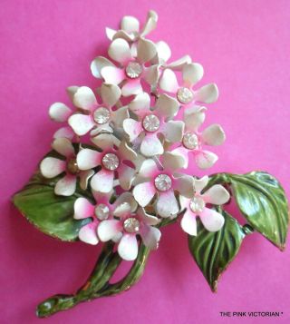 Lovely 1950s Vintage Pink White Lilac Flower Pin Brooch Sweet Rhinestones,  3 " T