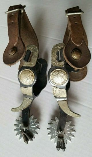 Vintage 16 Point Cowboy Western Spurs With Brown Leather Straps,  Jingle Bobs