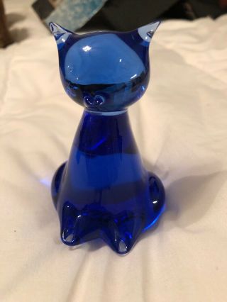 VINTAGE MURANO Art Glass Cobalt Blue Crystal Cat Figurine Paperweight 2