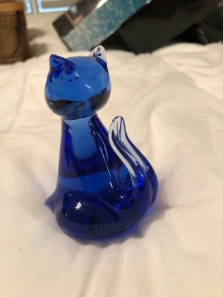 VINTAGE MURANO Art Glass Cobalt Blue Crystal Cat Figurine Paperweight 3